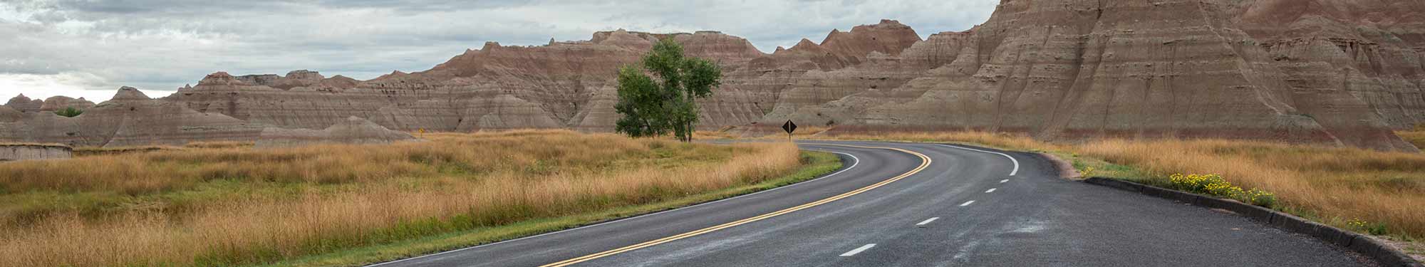 Image of 2-lane highway through the Badlands of South Dakota
